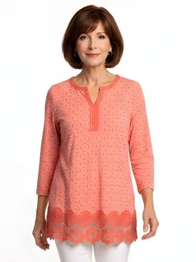 Lands' End Coral Geometric Split Neck Lace Trim 3/4 Sleeve Tunic Top Size XS/P